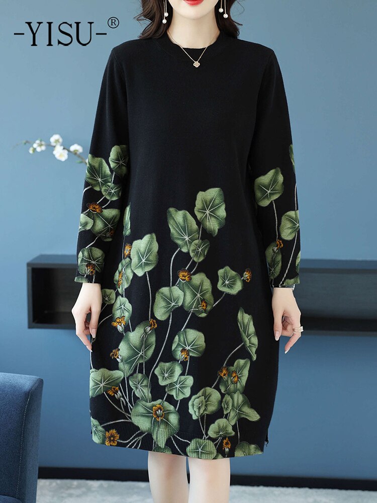 YISU-캐주얼 o 넥 긴 스웨터 여성용, 느슨하고 부드러운 라운드 넥 니트 풀오버 프린트, 2022 가을 겨울 패션